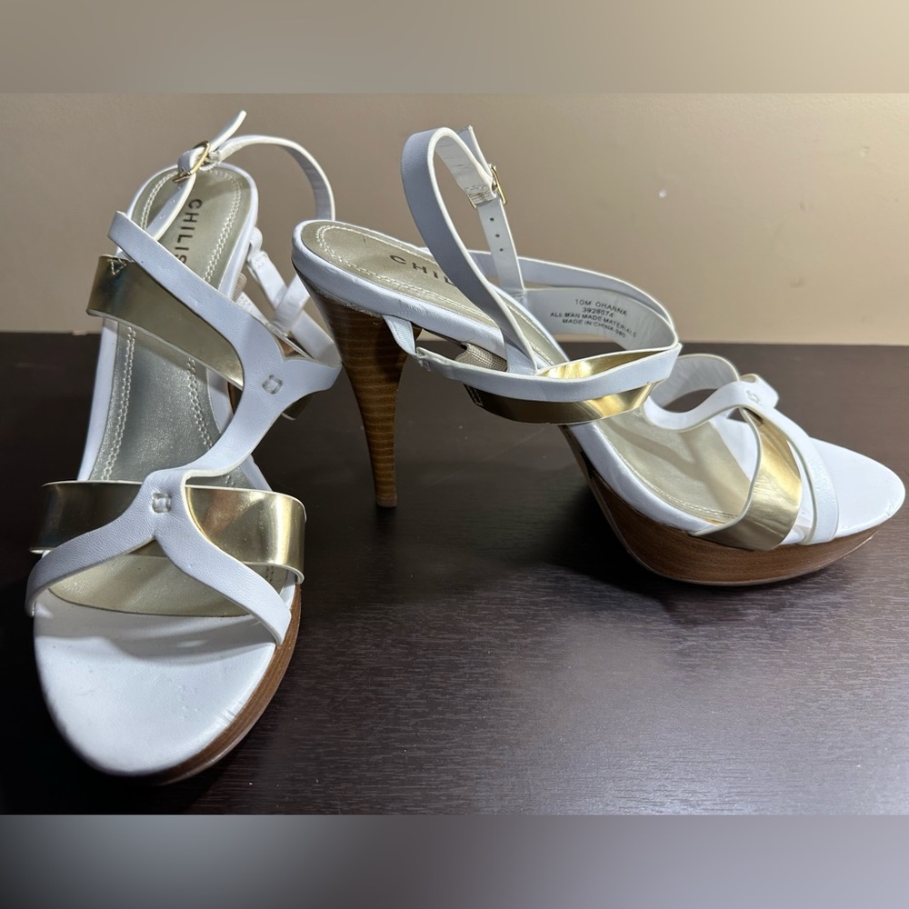 Chilis 10M Strappy White & Gold Sling Back Heels Sandals